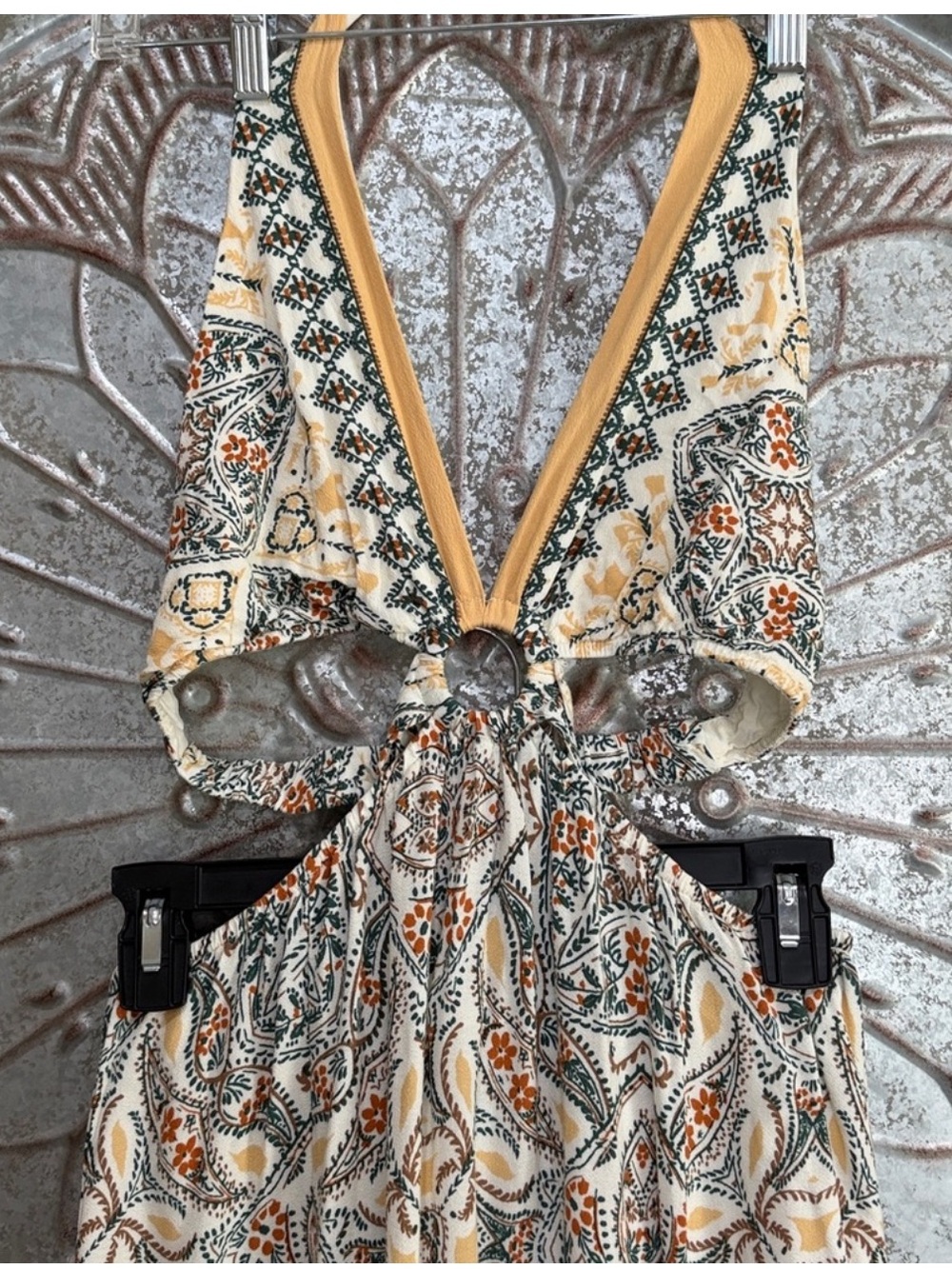 ILLA ILLA Yellow, Cream and Blue Paisley Boho Boutique Halter Tie Maxi Dress - Picture 4 of 8